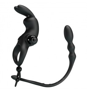 PRETTY LOVE - Vibrating Cock Ring With Anal Plug (Battery - Black)